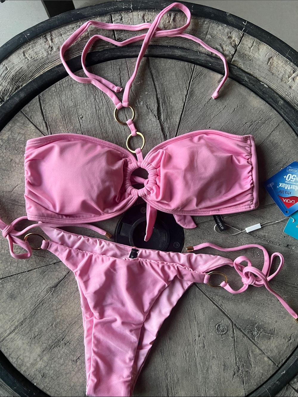 Brazilian Sexy Pink Ring-Accent Bandeau Bikini Set M/L